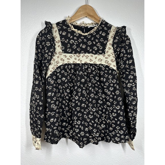 in loom Tops - In Loom Blouse Womens Small Black Floral Cottagecore Long Sleeve Ruffle Top